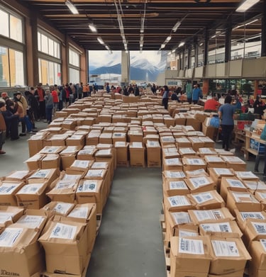 A delivery truck with the maztrade logo unloading crates of fresh international food products at a local retailer.