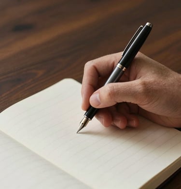 A person's hand writing in a journal with a fountain pen, soft side lighting, deep brown wood background, personal and inviting mood.