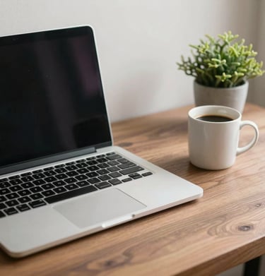 A tidy workspace with a laptop, a coffee mug, and a small plant, soft natural light, brownish grey and off-white color palette.