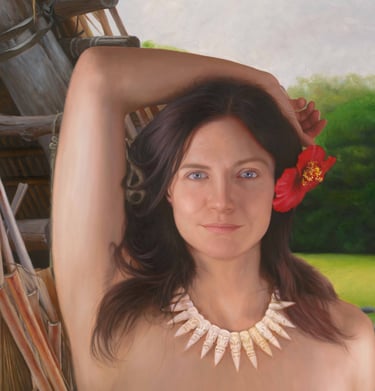 Portrait painting of a woman wearing a shell necklace and red hibiscus flower in her hair.