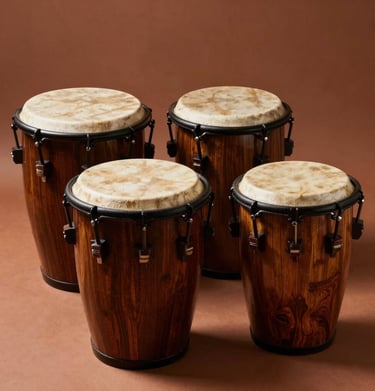 Artistic shot of rhythm percussion instruments made of dark wood, warm terracotta lighting and shadows.