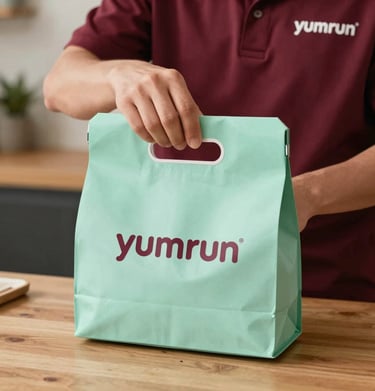 A delivery driver handing over a neatly packed meal to a smiling customer at their doorstep.