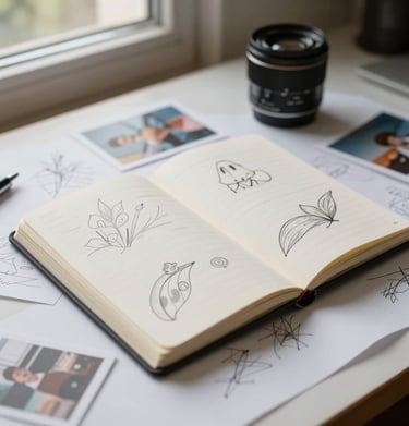 An open notebook on a table filled with sketches and small photographs, soft natural light from a window, creating a warm and personal feel.