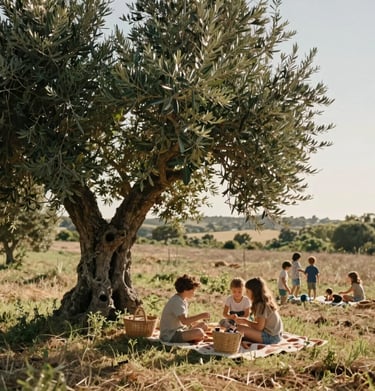 A family picnic under a large olive tree in an Iberian field, children playing in the background, warm light and natural cinematic style.