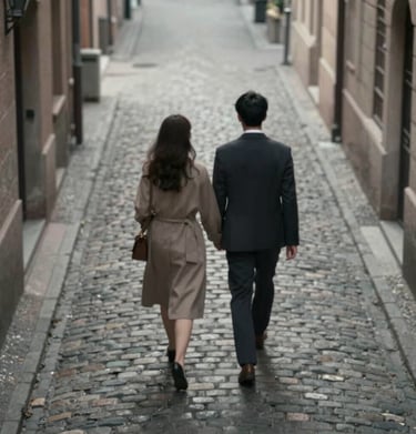 A high-angle shot of a couple walking away down a narrow cobblestone alleyway. The perspective is intimate and timeless, capturing the feeling of a memory preserved forever. Palette: #6F604F and #262626.