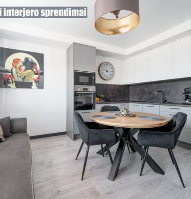 a kitchen with a table and chairs and a clock