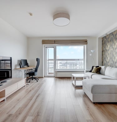 a living room with a couch and a television