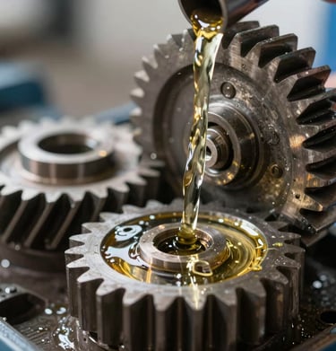 Precision tools and machinery parts laid out on a workbench.
