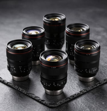 A collection of high-end photography lenses arranged on a dark slate grey surface, reflecting the professional and premium nature of the studio.