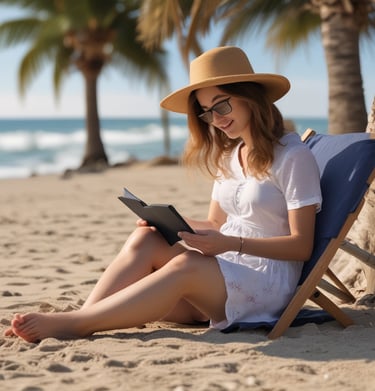 A happy customer sharing an ebook recommendation on social media with a warm smile.