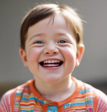 A smiling child with Down syndrome painting colorful artwork with vibrant brushes.