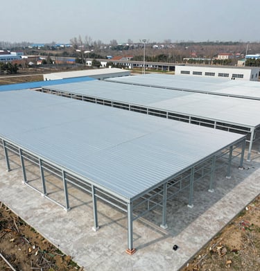 Finished metal awning installed outside a commercial building.