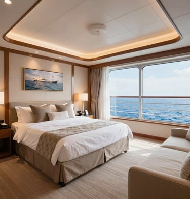 A spacious, minimalist suite with floor-to-ceiling windows overlooking the ocean.