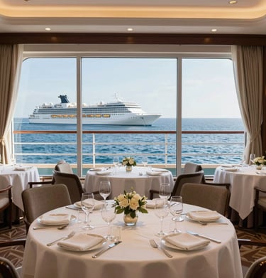 An intimate dining setting aboard a yacht, featuring fine china and golden accents.