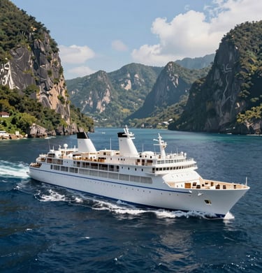 A panoramic view of an exclusive itinerary destination with crystal-clear waters and lush greenery.