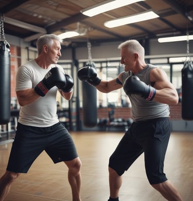 A pair of worn boxing gloves hanging on a hook against a black brick wall.