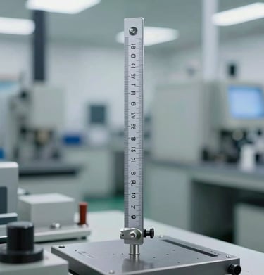 Close-up of inspection tools measuring parts with precision against a navy and white background.