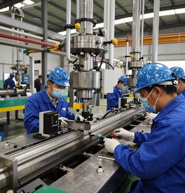 Workers in navy blue uniforms performing quality checks on electronic components.