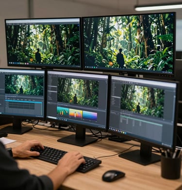 An editor's workspace with multiple monitors showing cinematic footage of Brazil, in a professional and moody Deep Forest Green setting.