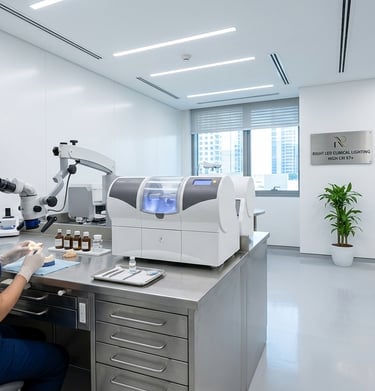 Pristine dental lab and clinical space in a modern UAE clinic, illuminated by custom high-CRI 97+ LE