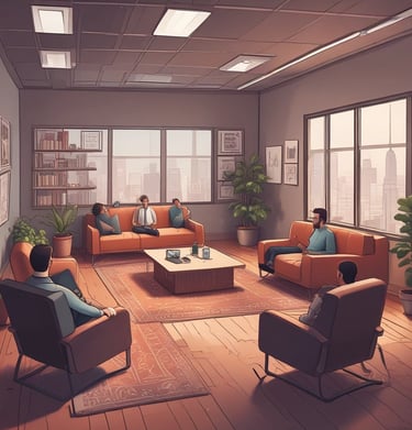 A modern interior with several people interacting with technology, including a digital currency ATM. One person is using a laptop at a table, another is standing at an ATM, and others are using their phones.