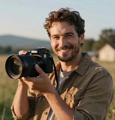 A warm, friendly portrait of a lifestyle photographer in a North American / US outdoor setting, sun-drenched with cinematic lighting.