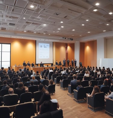 A group of people are attending a workshop focused on capacity building for instructors. The event is held in Padang and organized by various organizations, as indicated by the logos on the banner. A speaker in a red shirt is addressing the audience from a podium, while participants sit at round tables with water bottles and notes in front of them.