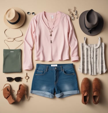 Flat lay of trendy clothing and accessories on a minimalistic background.