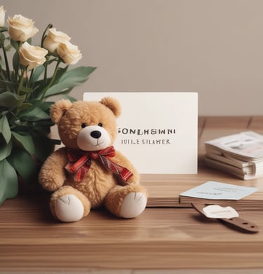 white printer paper beside brown bear plush toy