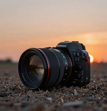 A blurred background image of a North American sunset over a field, creating a warm Charcoal and Terracotta atmosphere.