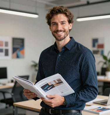 A professional graphic designer in a modern International / Western studio smiling confidently while holding a printed portfolio book, elegant Dark Slate Blue attire.