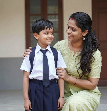 A mother and child selecting the perfect size from the Wonder Wings MySchool Kit online store on a tablet.