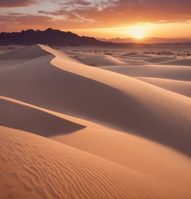 A colorful beach umbrella and chairs set up beside a calm inlet at sunrise.