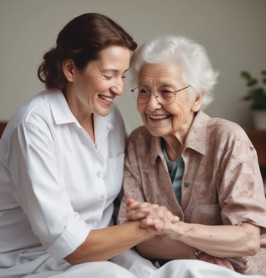 A recruiter and a nurse sharing a moment of encouragement during a job placement meeting.