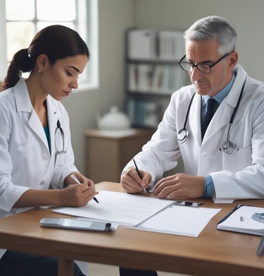 A group of healthcare staff gathered around a table discussing patient care plans.