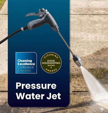 Pressure water jet sprayer cleaning a concrete driveway.