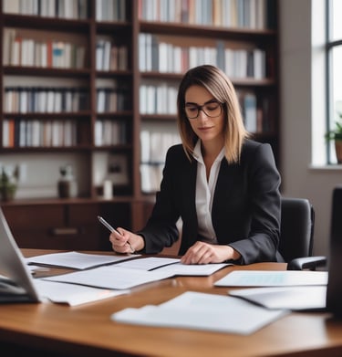 Close-up of legal documents and a pen on a black marble desk.