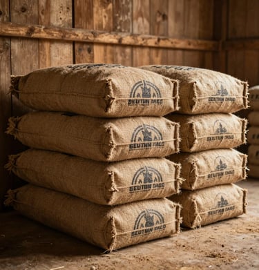 Photography of several burlap coffee bags stacked in a rustic wooden warehouse in South America. The bags have traditional stamps in dark ink. Warm, dusty atmosphere with golden light.