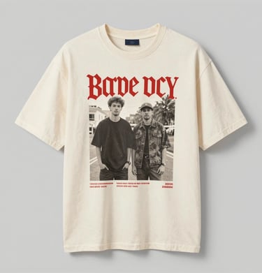 Custom printed oversized t-shirts hanging on a rack, vibrant and bold.