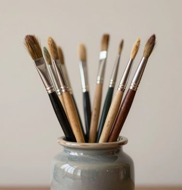 A collection of paintbrushes neatly arranged in a #1A1A1A ceramic jar, soft light hitting the bristles, #C8C0B2 wall background.