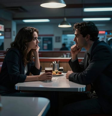 A high-tension film still of an intense conversation between two characters in a dimly lit North American diner. Cinematic lighting creates sharp silhouettes and deep blue shadows, reflecting a professional noir aesthetic.