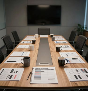 A sleek, professional conference room in a US film studio. A large table is covered with production schedules and coffee mugs, captured in a cinematic, low-light photography style.