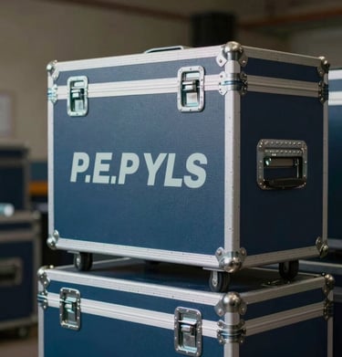 A stack of professional flight cases for concert equipment, with P.E.P YLS stenciled on the side in #F5F5EB.