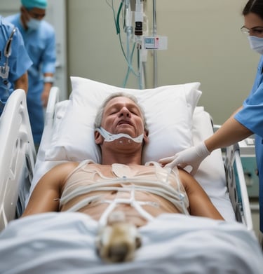 Patient in hospital intensive care unit receiving emergency medical treatment from surgeons.