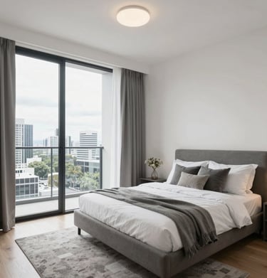 Reception area with structured layout, navy blue walls, and gold decorative elements conveying professionalism.