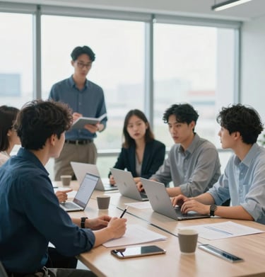 A group of professional creatives discussing a project in a modern meeting room with large windows. The scene is bright and professional, incorporating the #415A77 and #E0E1DD palette.