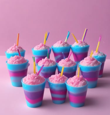 A festive table decorated with bowls of freshly made cotton candy and granité cups ready to serve.