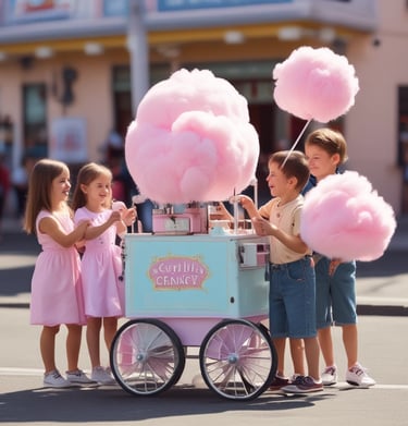 A vibrant party scene with both granité and cotton candy machines busy serving delighted guests.