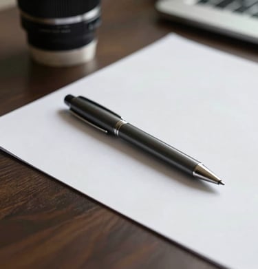 Minimalist desk detail with a sleek charcoal pen and white paper, reflecting a professional North American designer's touch.