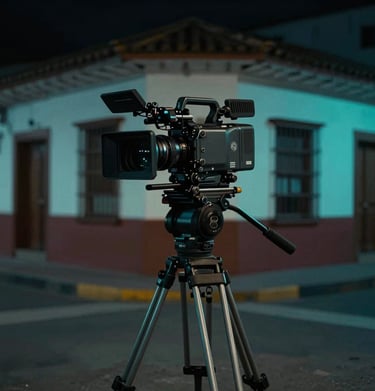 A professional cinema camera on a tripod, focused on a dimly lit street corner in a South American / Colombian city. Dark and moody tones with neon cyan highlights.